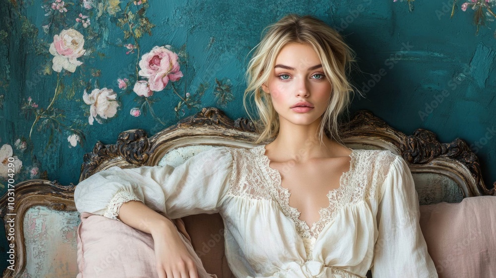 Fototapeta premium Beautiful Woman in White Lace Dress Posing on Ornate Couch with Floral Wallpaper