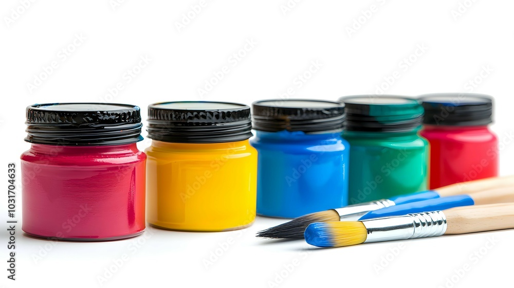 Colorful Paints and Brushes on White Background Colorful Paints and Brushes on White Background