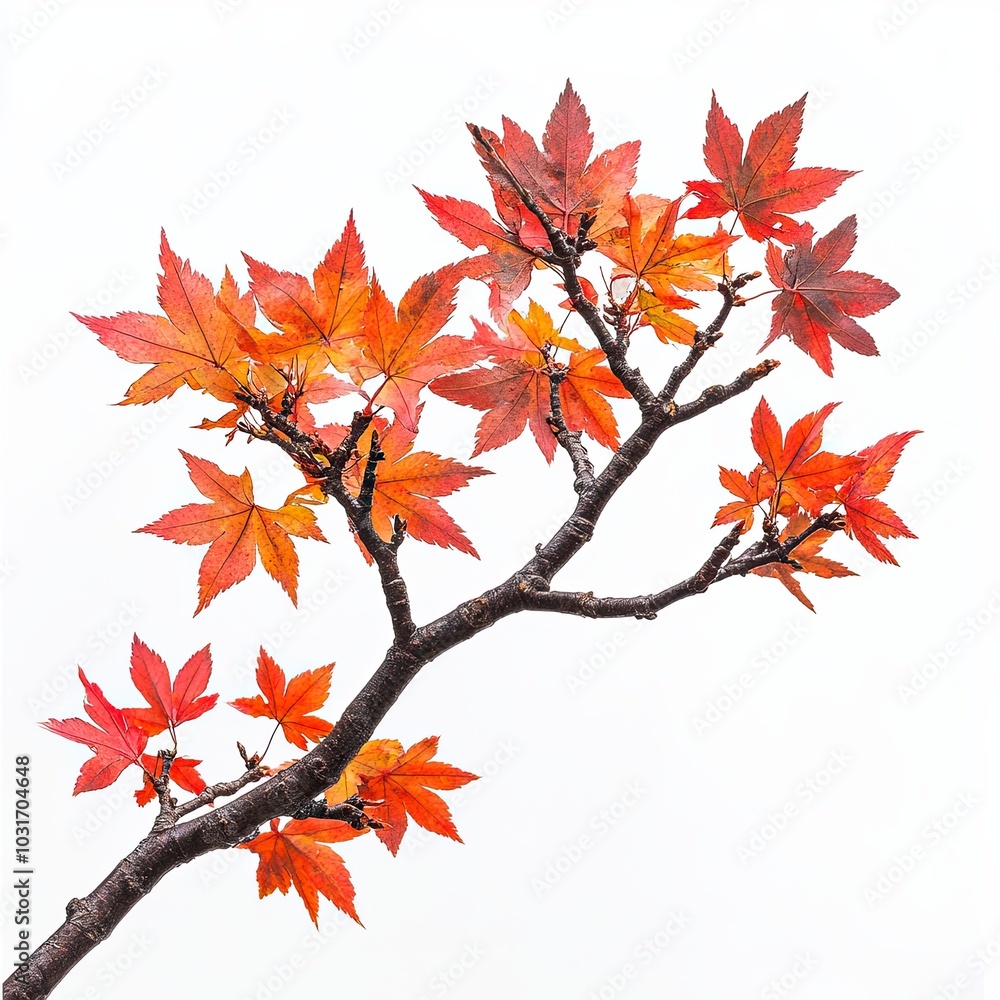 Branch of vibrant red autumn leaves, Close-up of a branch with vivid red and orange autumn leaves against a white background, symbolizing the beauty of fall.
Branch of vibrant red autumn leaves, Close-up of a branch with vivid red and orange autumn leaves against a white background, symbolizing the beauty of fall.