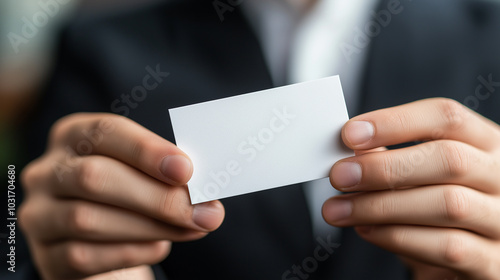 Businessman holding blank card.