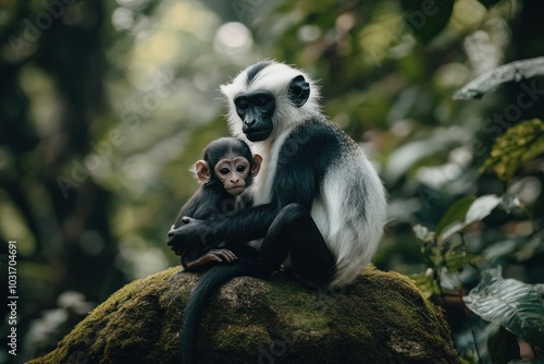 A monkey and its baby sit together on a mossy rock in a lush forest.