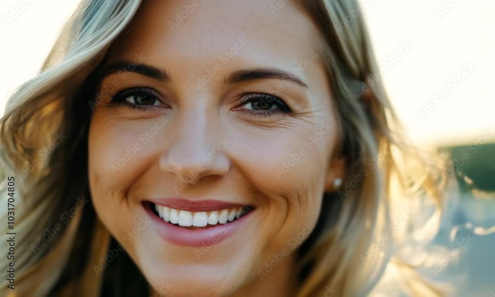 Close-up of a woman smiling with blonde hair in the sunlight. Close-up of a woman smiling with blonde hair in the sunlight.