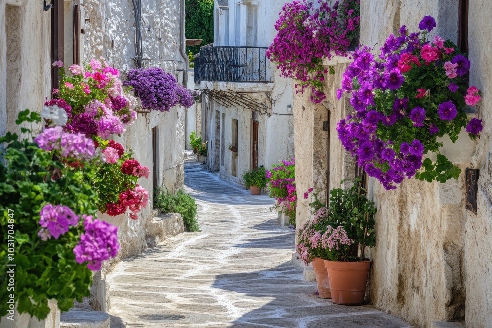 A picturesque alley adorned with vibrant flowers in pots, showcasing charming architecture. A picturesque alley adorned with vibrant flowers in pots, showcasing charming architecture.