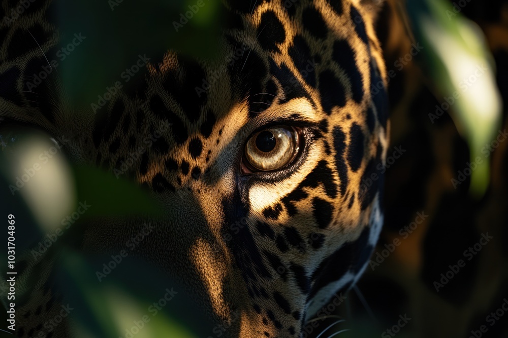 A close-up of a jaguar's eye partially obscured by foliage, showcasing its natural beauty. A close-up of a jaguar's eye partially obscured by foliage, showcasing its natural beauty.