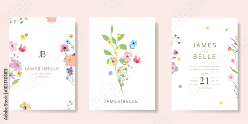 sweet elegant pink botanical Wedding Invitation, floral invite thank you, rsvp modern card Design in leaf and flower water color texture decorative Vector elegant rustic template