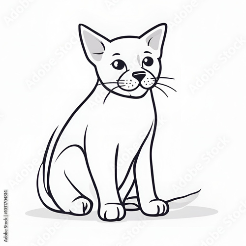 A cute, simple black-and-white line drawing of a sitting kitten, with large eyes and a calm expression. Perfect for children's illustrations, coloring books, or minimalist design.