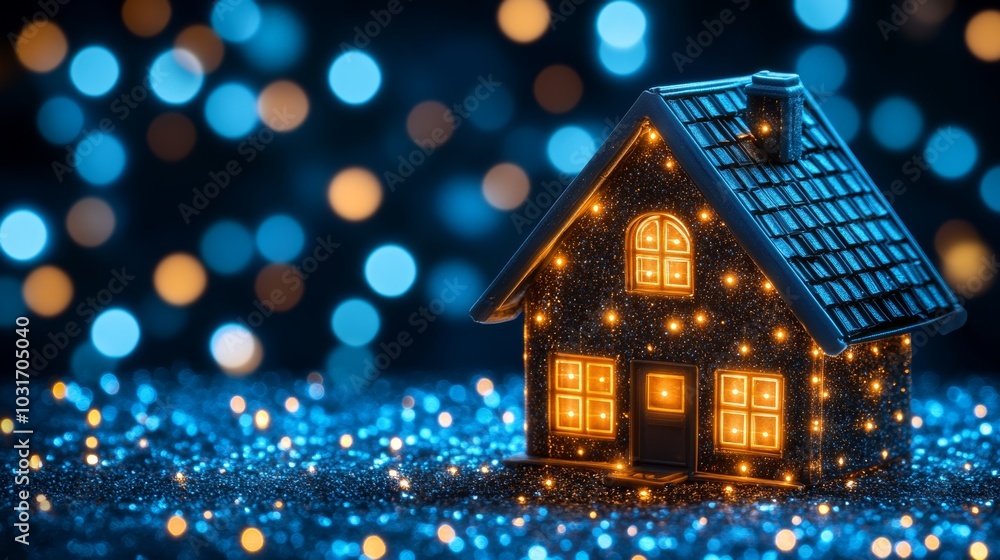 Illuminated Christmas House with Blue Bokeh Lights Illuminated Christmas House with Blue Bokeh Lights
