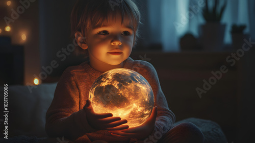 A child holding a glowing model of the Earth while imagining traveling to different planets. photo