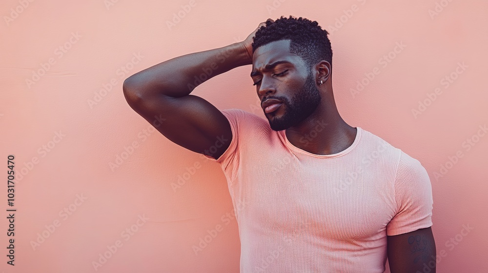 Thoughtful Black Man in Pink T Shirt Against Pink Wall Thoughtful Black Man in Pink T Shirt Against Pink Wall