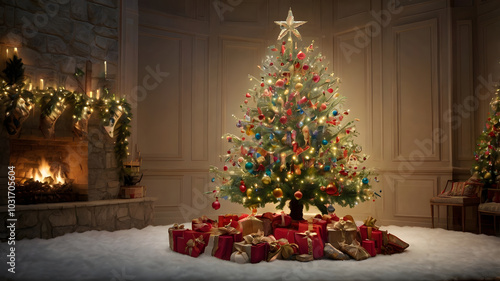 Wallpaper Mural christmas tree with presents, ai generated Torontodigital.ca