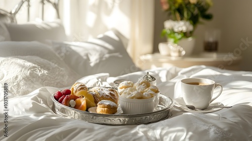 Serene Breakfast in Bed Tray with Artisanal Pastries Fresh Fruit and Aromatic Coffee in Elegant Sunlit Bedroom