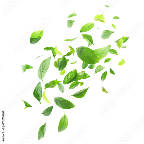 Flying leaves in shades of lime and mint, twirling on a crisp white background