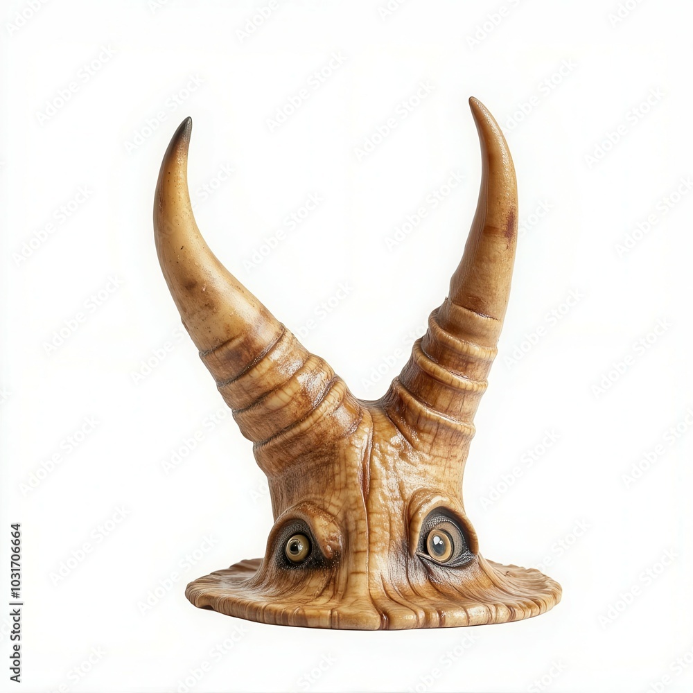 Fototapeta premium Unique horned creature sculpture, white isolate background
