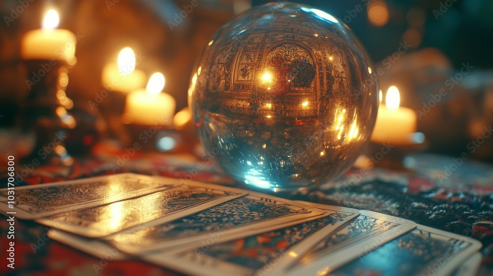 Fototapeta premium Crystal Ball Tarot Cards Candles Fortune Telling Mysticism Magic Occult Fortune Fu