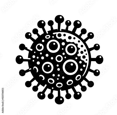 Isolated black and white vector illustration of pathogenic virus on white background.