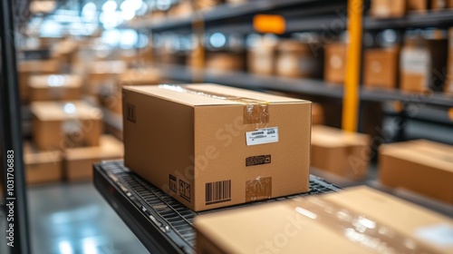 Wallpaper Mural Cardboard Box on Conveyor Belt in Warehouse   Shipping  Logistics  Delivery Concept Torontodigital.ca