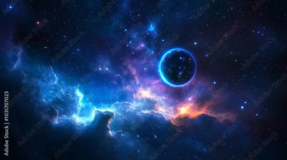 Obraz premium A captivating cosmic scene featuring a vibrant nebula glowing with ethereal light, a distant planet, and a starry sky, symbolizing the vastness of space, celestial wonder, cosmic beauty, and the searc