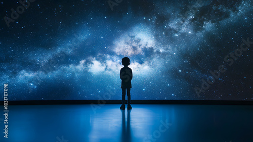 A child standing in a large planetarium looking up in awe at a projection of the Milky Way galaxy.