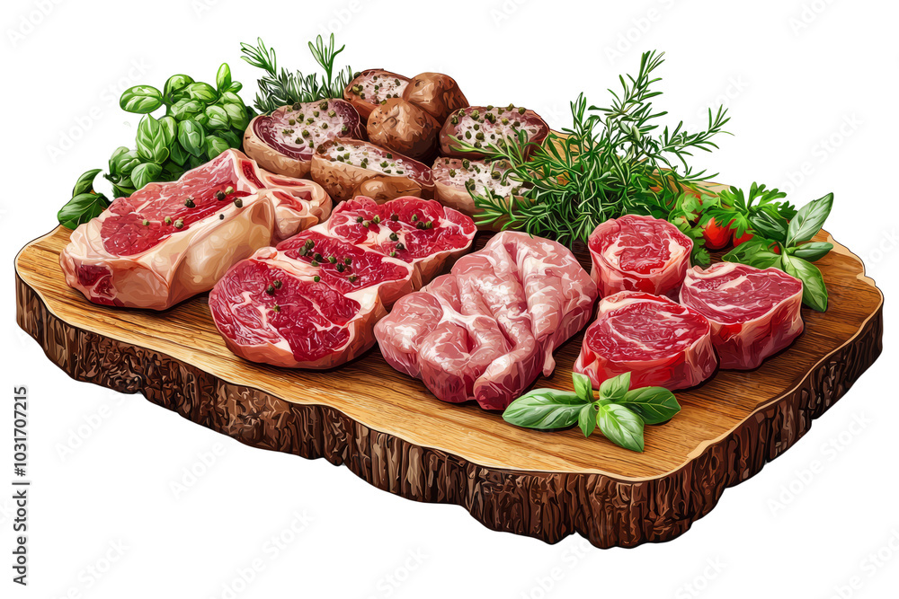 wooden board with different cuts of raw beef, pork, and chicken, surrounded by fresh herbs. wooden board with different cuts of raw beef, pork, and chicken, surrounded by fresh herbs.