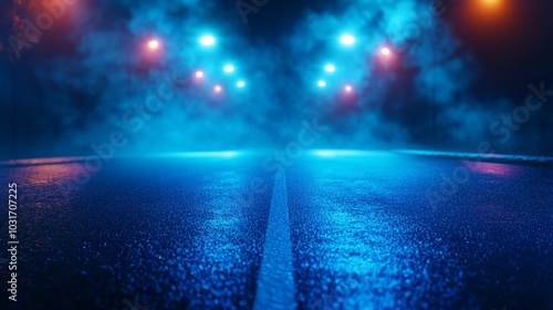 A captivating image of a deserted street bathed in neon light, with spotlights cutting through the dense fog, creating an eerie and atmospheric scene.