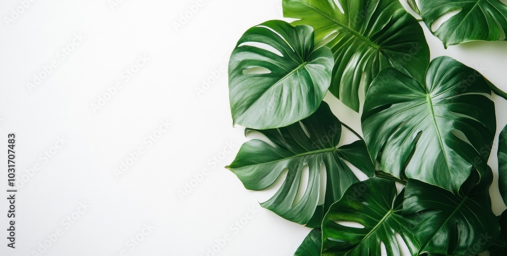 A collection of lush green monstera leaves arranged on a white background. A collection of lush green monstera leaves arranged on a white background.