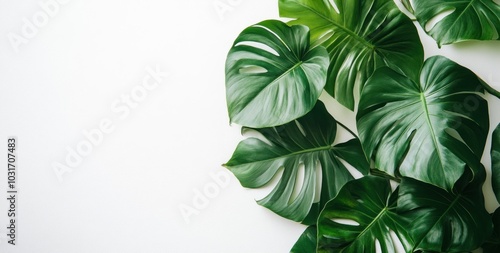 A collection of lush green monstera leaves arranged on a white background.