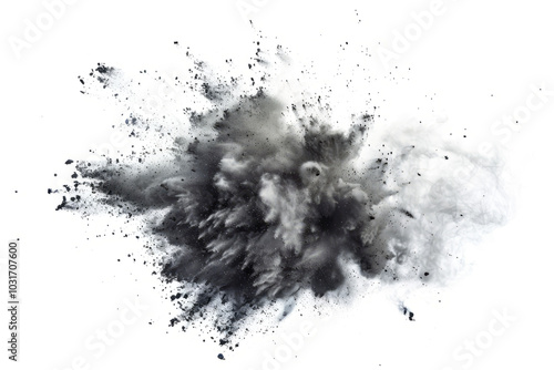 A surreal explosion of soft dust particles, creating a swirling cloud effect with shades of gray on white.