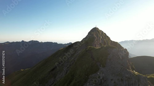 Aerial view of Lac d' Montagnon in the Pyrenees mountain range, France, in a beautiful summer day