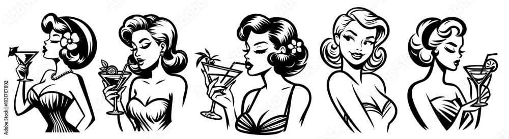 pin-up girl in retro style drinking cocktails black vector pin-up girl in retro style drinking cocktails black vector