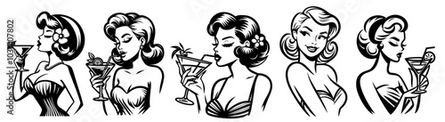 pin-up girl in retro style drinking cocktails black vector