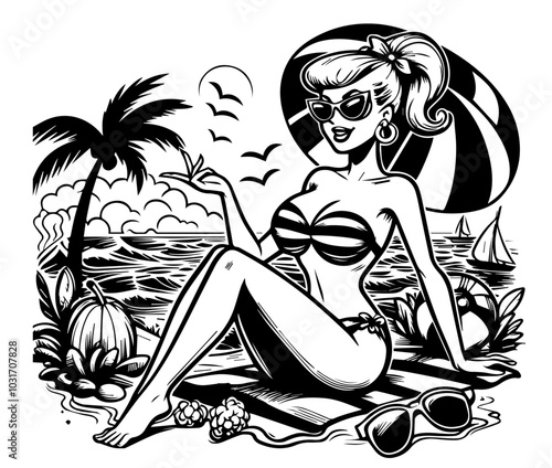 vintage pin-up girl posing in summer swimsuit and sun hat on the beach black vector