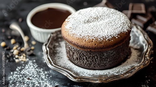 Decadent Chocolate Souffl Dessert with Vanilla Bean Sauce in Ornate Ramekin photo