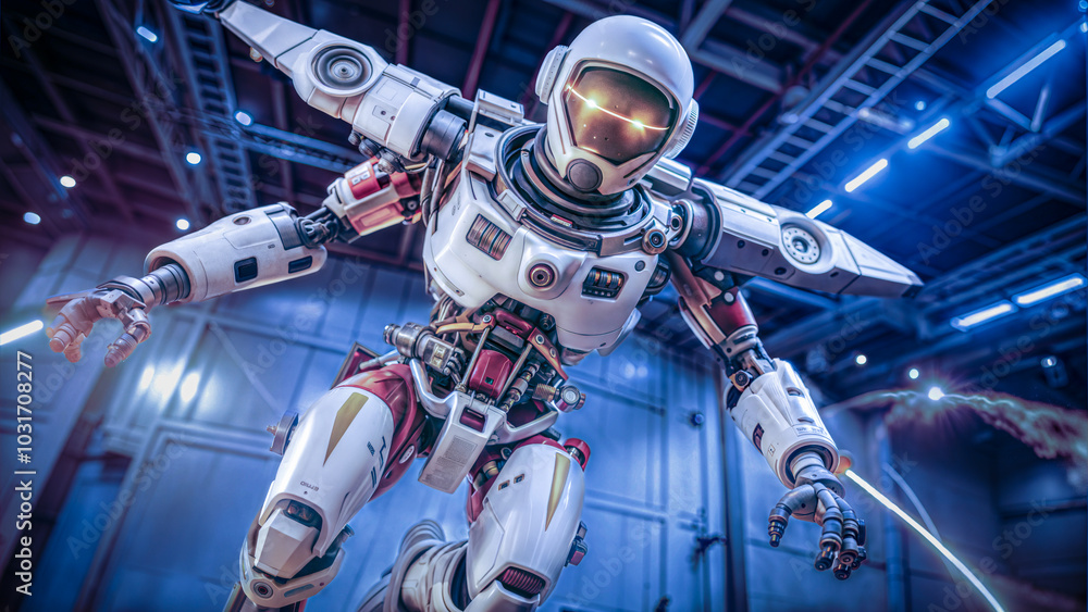 Futuristic humanoid robot flying at the future science workshop. Robotics concept. Science, technology, engineering, mathematics concept.