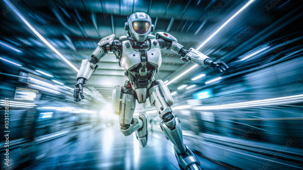 Futuristic humanoid robot in motion blur is flying, running. Robotics concept. Science, technology, engineering, mathematics concept. Futuristic humanoid robot in motion blur is flying, running. Robotics concept. Science, technology, engineering, mathematics concept.