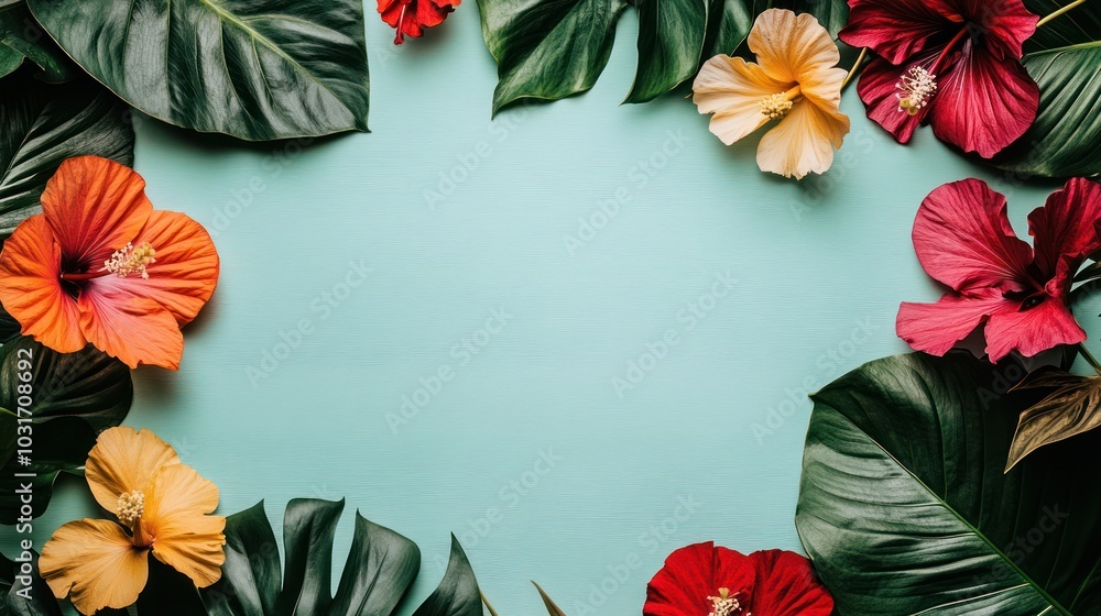 Obraz premium Vibrant tropical flowers and leaves arranged on a teal background for decorative purposes.