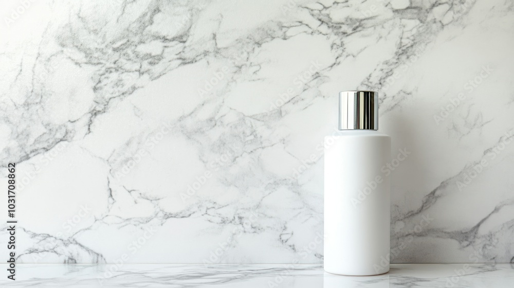 White Bottle with Silver Cap on Marble Countertop White Bottle with Silver Cap on Marble Countertop