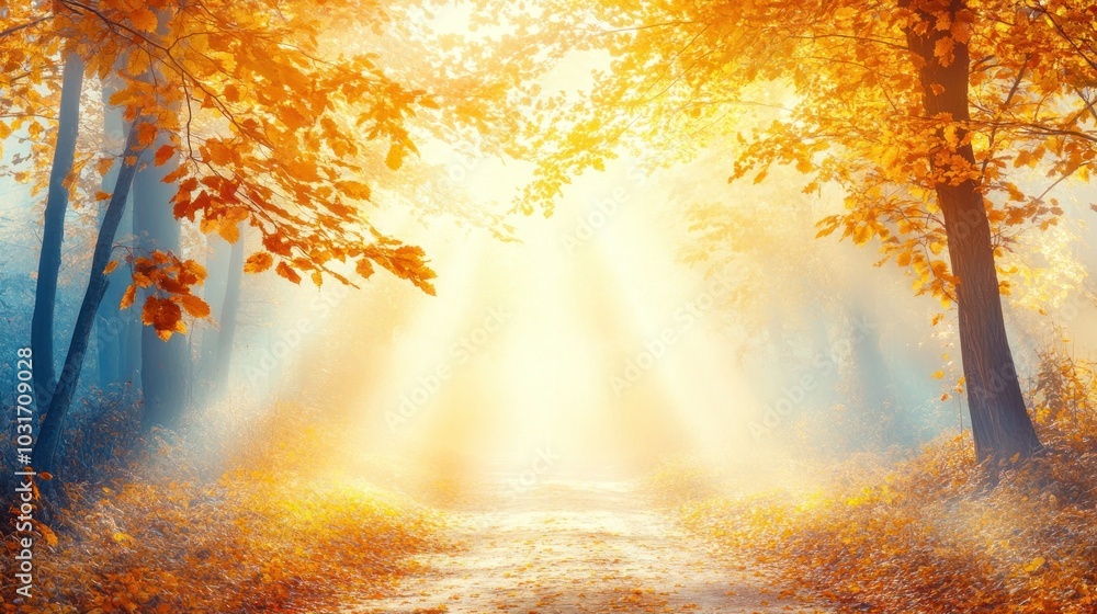 Obraz premium A serene autumn forest with warm sunlight filtering through trees, creating a peaceful atmosphere.