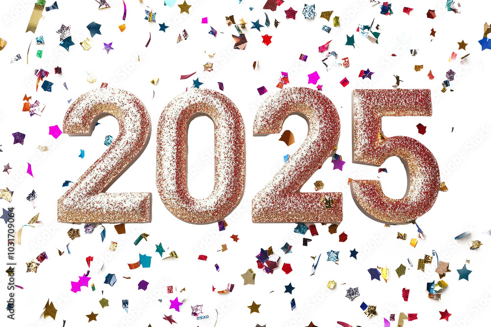 2025 New Year's Eve party poppers, confetti, and metallic accents,isolated on white background 2025 New Year's Eve party poppers, confetti, and metallic accents,isolated on white background