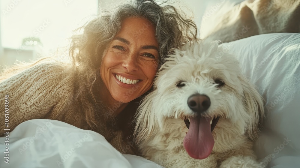 A beaming woman with silver hair shares a cozy morning moment with her fluffy dog in bed, representing friendship, comfort, and happiness in a tranquil setting. A beaming woman with silver hair shares a cozy morning moment with her fluffy dog in bed, representing friendship, comfort, and happiness in a tranquil setting.