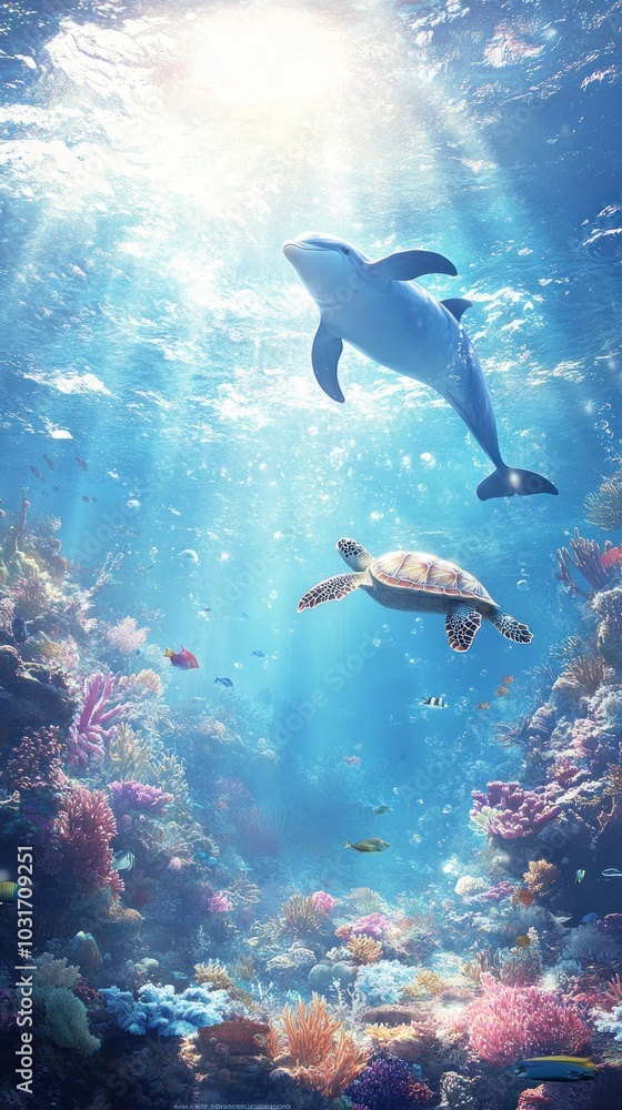 Fototapeta premium A serene underwater scene featuring a dolphin and a turtle amidst vibrant coral reefs.