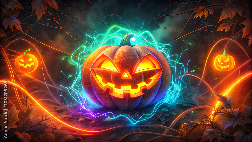 Naklejka premium Halloween Carved Pumpkin background. Neon blur glow. Luminous bright orange Luminous yellow radiance soft texture on dark black abstract empty space background. Color light overlay. Copy space.