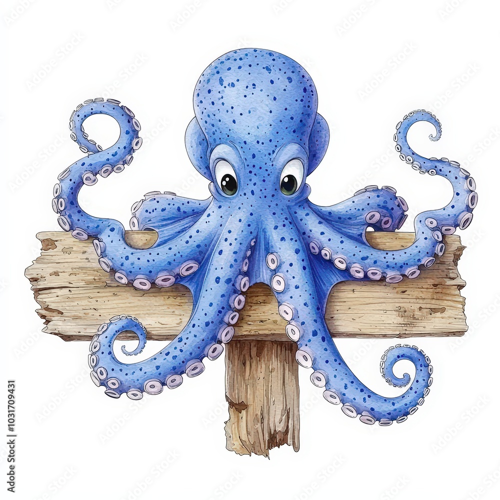 Fototapeta premium Cute Blue Octopus Holding Wooden Signboard Illustration