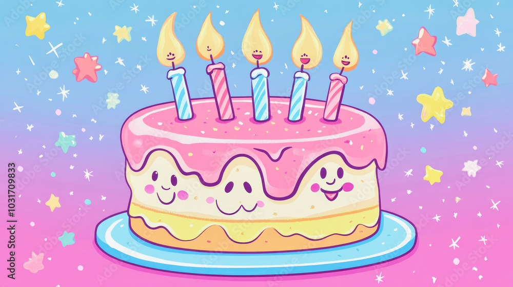 Colorful cartoon birthday cake with smiling faces and playful candles for a fun celebration Colorful cartoon birthday cake with smiling faces and playful candles for a fun celebration