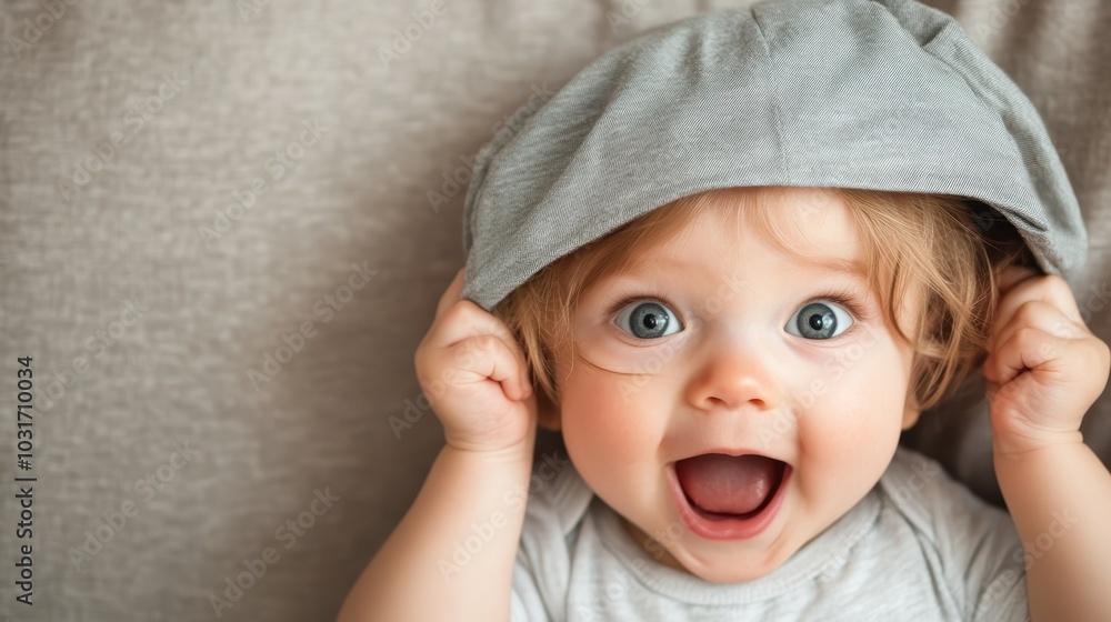 A wide-eyed and excited baby expresses joy and surprise beneath a hat, capturing the essence of childhood wonder with bright lighting and engaging expression. A wide-eyed and excited baby expresses joy and surprise beneath a hat, capturing the essence of childhood wonder with bright lighting and engaging expression.