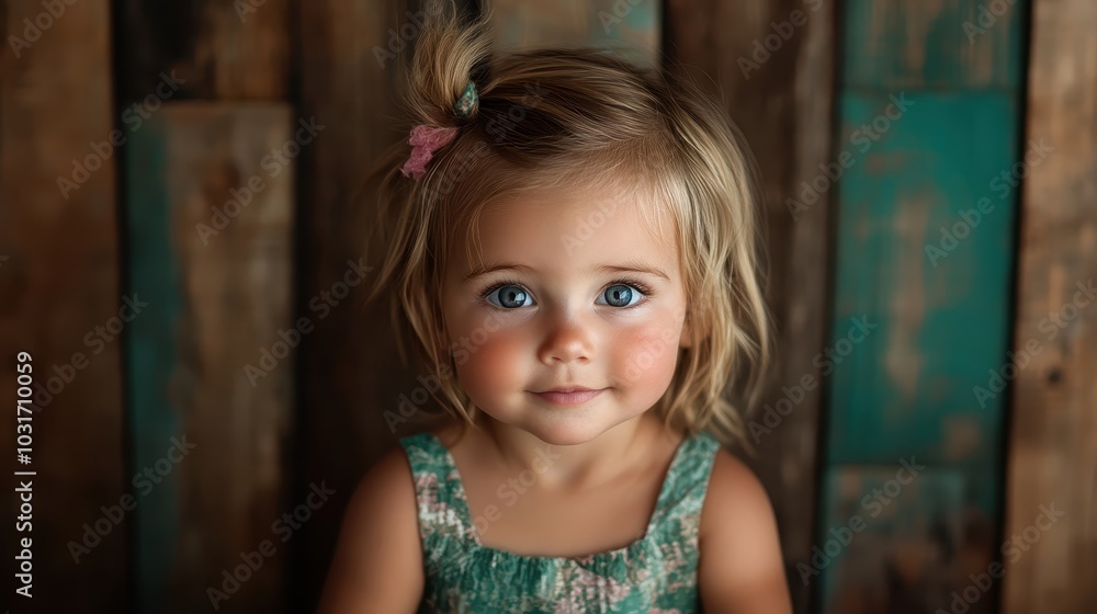 An adorable toddler with blue eyes stands against a colorful wooden backdrop, reflecting innocence and curiosity, with bright lighting highlighting her delicate features. An adorable toddler with blue eyes stands against a colorful wooden backdrop, reflecting innocence and curiosity, with bright lighting highlighting her delicate features.