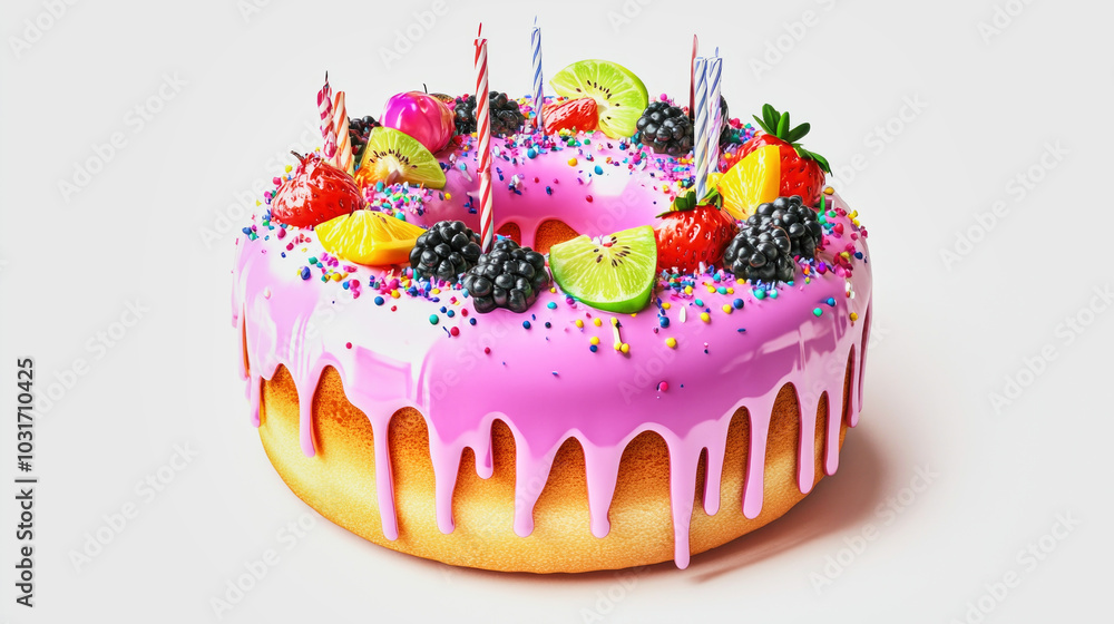 A giant donut-shaped birthday cake with vibrant icing and candy toppings ideal for celebrations A giant donut-shaped birthday cake with vibrant icing and candy toppings ideal for celebrations