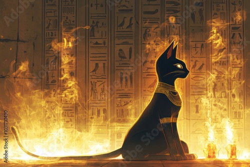 The ancient Egyptian cat goddess, sitting regally in a temple with golden ornaments