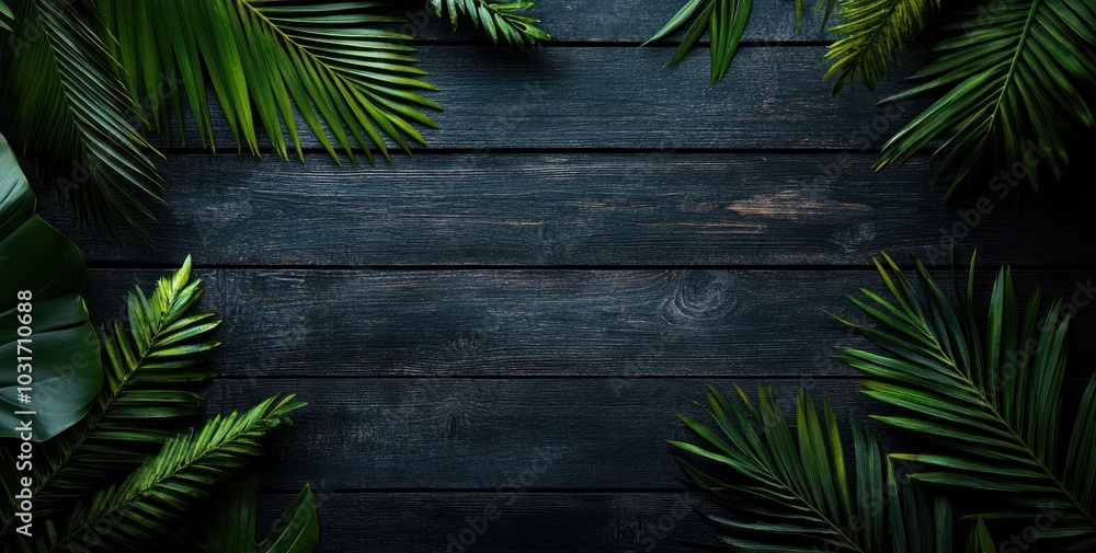 Dark wooden background framed by lush green palm leaves. Dark wooden background framed by lush green palm leaves.