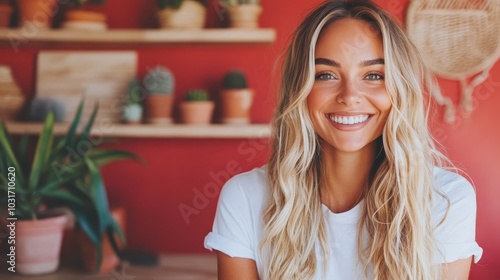 A woman wearing a white shirt and long blonde hair beams a bright smile, sitting in a room with vibrant red decor, creating a cheerful and inviting ambiance.