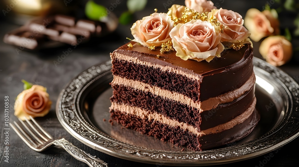 Decadent Triple layered Chocolate Cake with Edible Gold and Fresh Roses on Silver Platter Decadent Triple layered Chocolate Cake with Edible Gold and Fresh Roses on Silver Platter